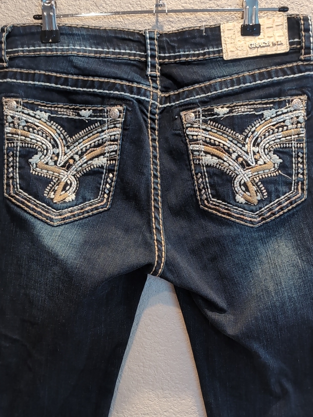 Easy Fit Grace in LA Dark Blue Embroidered & Beaded Bootcut Jeans